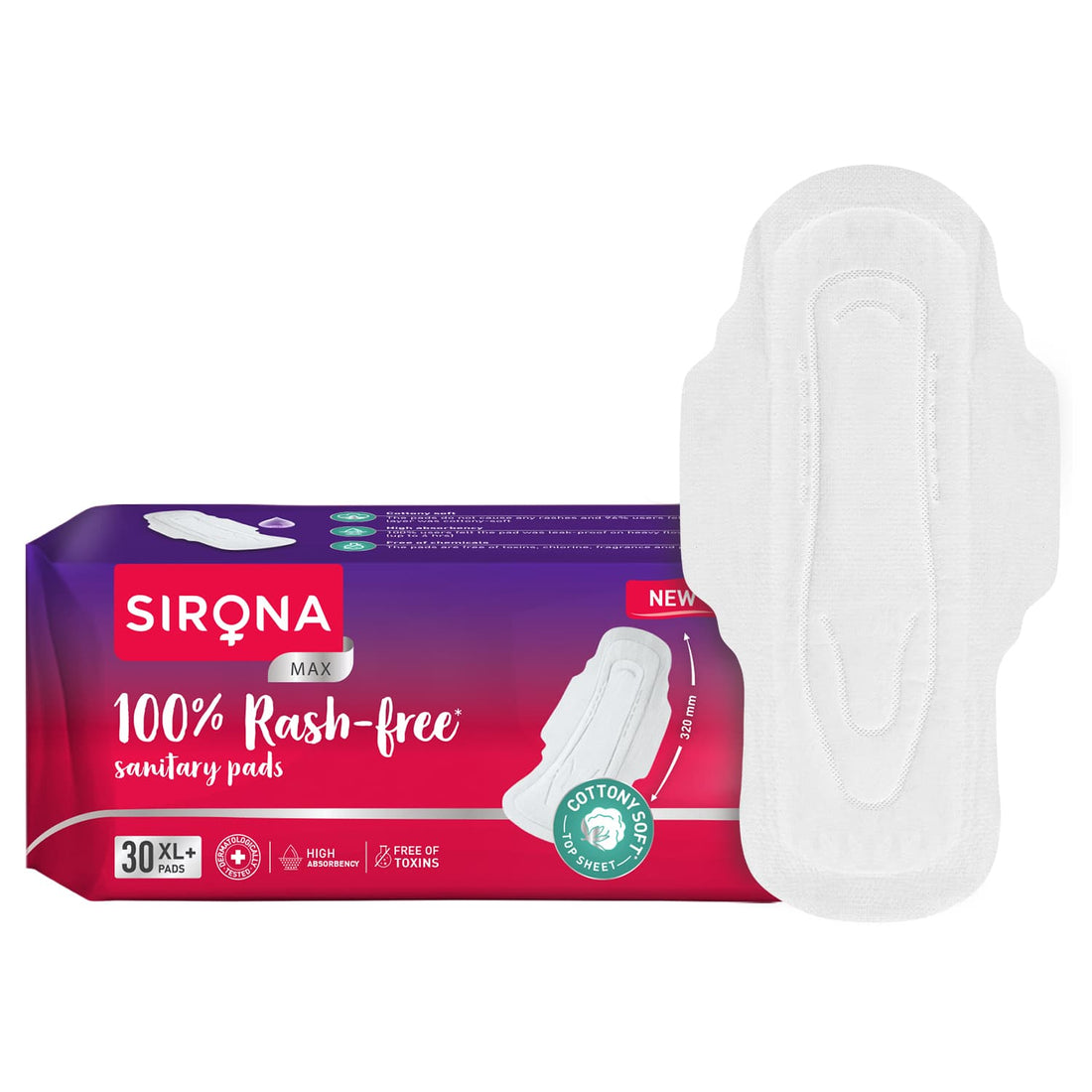 100% Rash Free Sanitary Pads for Women (XL+), 30 Disposable Pads For Heavy Flow, Cottony Soft Top Sheet, Ultra Soft &amp; LeakProof, Toxin Free Napkins
