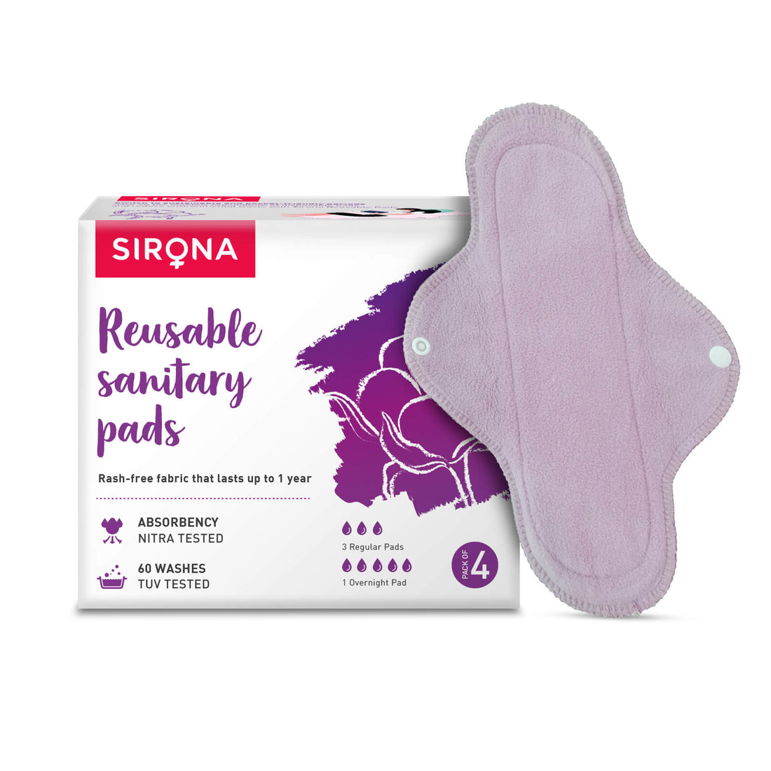 Sirona Reusable Sanitary Pads (Pack of 4) - 3 Regular &amp; 1 Night Pads for Heavy Flow, Skin Friendly, Chemical &amp; fragrance free Pads, Lasts Up To 1 Year