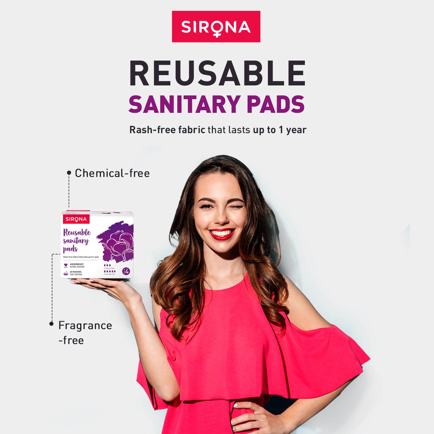 Sirona Reusable Sanitary Pads (Pack of 4) - 3 Regular &amp; 1 Night Pads for Heavy Flow, Skin Friendly, Chemical &amp; fragrance free Pads, Lasts Up To 1 Year