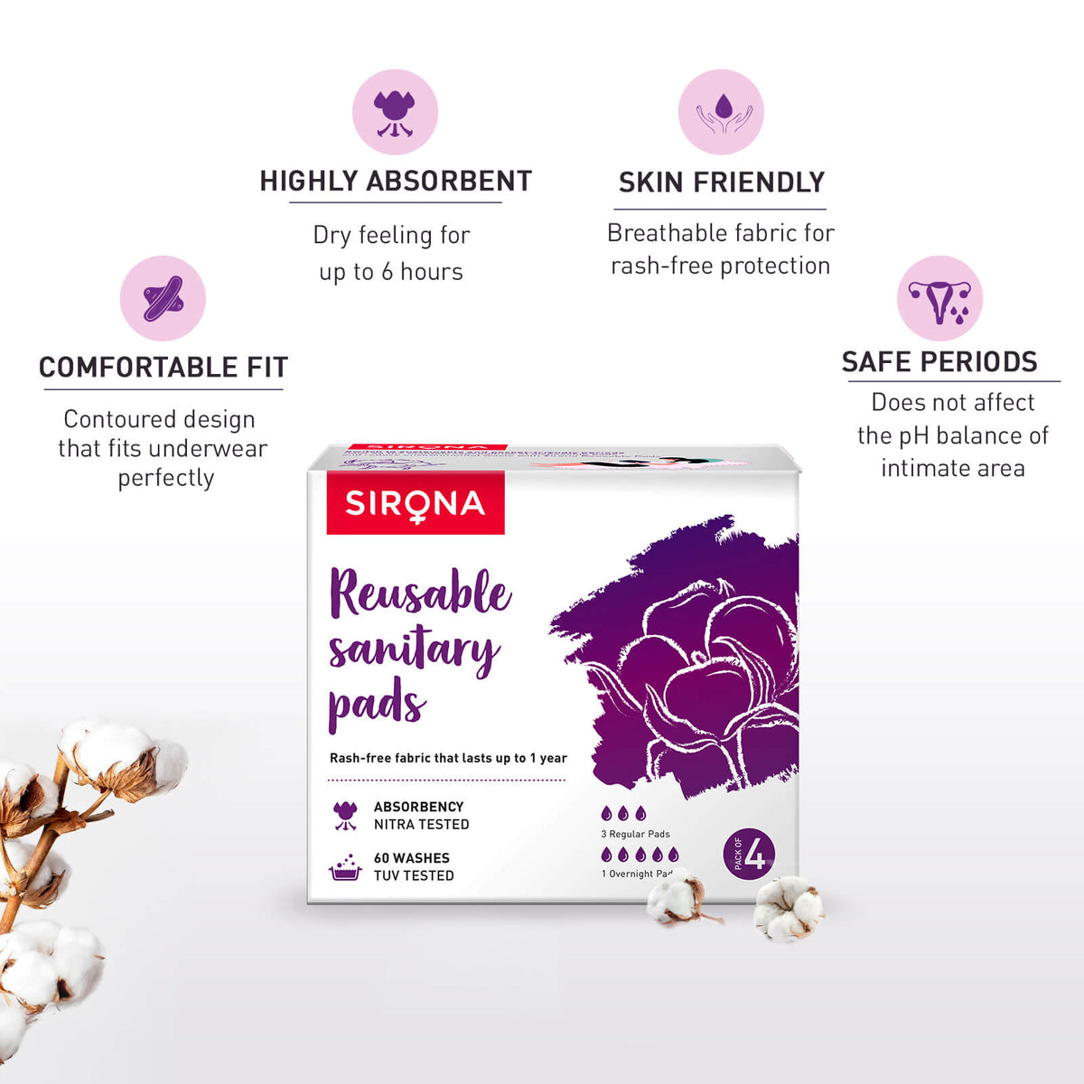 Reusable Sanitary Pads (1 Pack of 4 Pads)