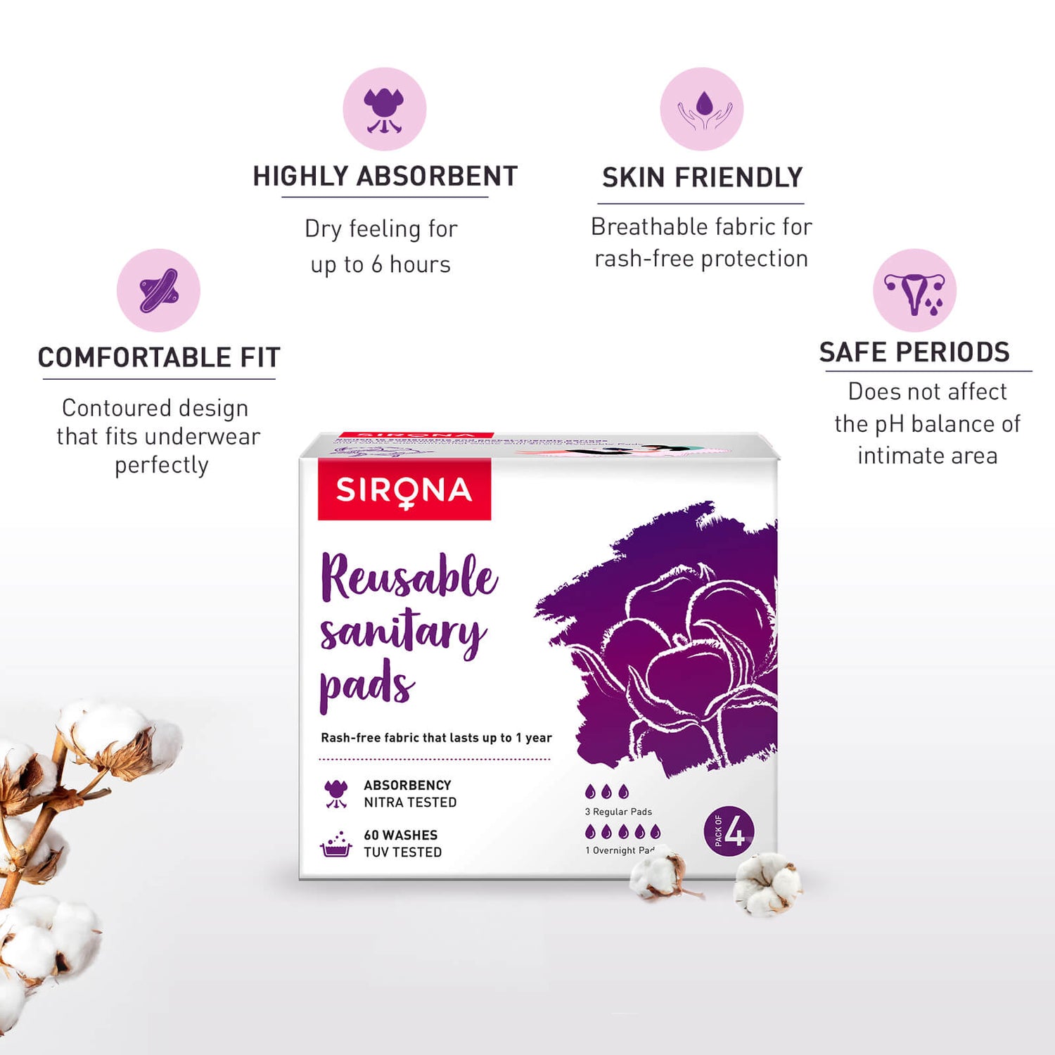 Sirona Reusable Sanitary Pads (Pack of 4) - 3 Regular &amp; 1 Night Pads for Heavy Flow, Skin Friendly, Chemical &amp; fragrance free Pads, Lasts Up To 1 Year