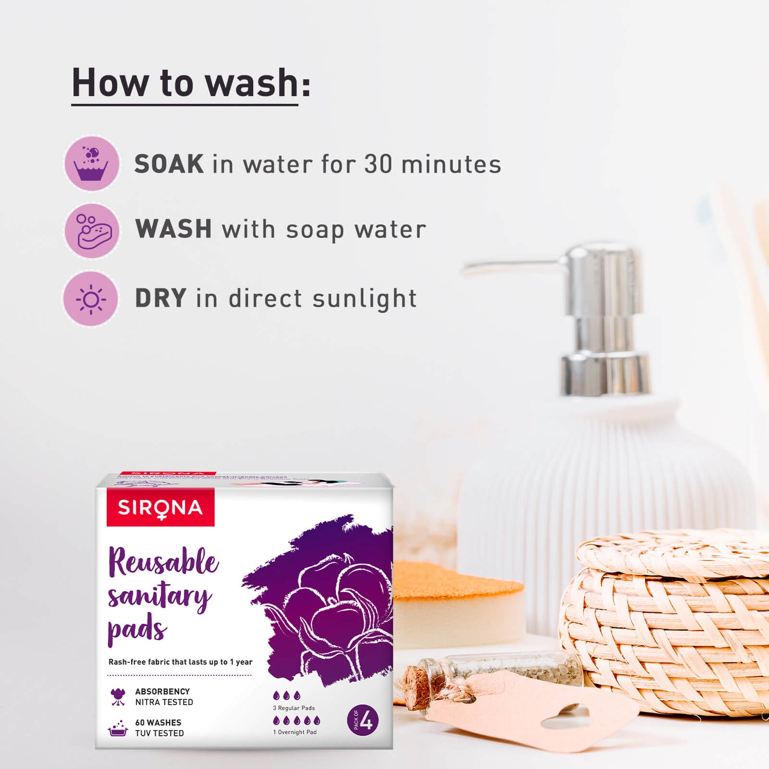Sirona Reusable Sanitary Pads (Pack of 4) - 3 Regular &amp; 1 Night Pads for Heavy Flow, Skin Friendly, Chemical &amp; fragrance free Pads, Lasts Up To 1 Year