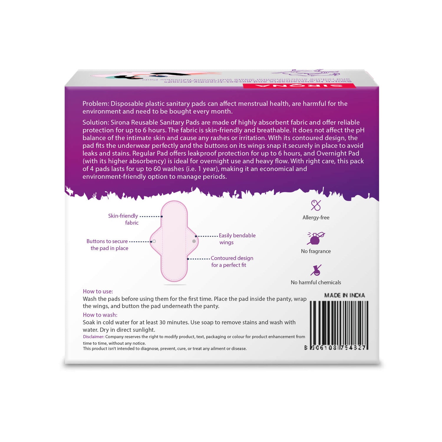 Sirona Reusable Sanitary Pads (Pack of 4) - 3 Regular &amp; 1 Night Pads for Heavy Flow, Skin Friendly, Chemical &amp; fragrance free Pads, Lasts Up To 1 Year