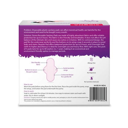Sirona Reusable Sanitary Pads (Pack of 4) - 3 Regular &amp; 1 Night Pads for Heavy Flow, Skin Friendly, Chemical &amp; fragrance free Pads, Lasts Up To 1 Year