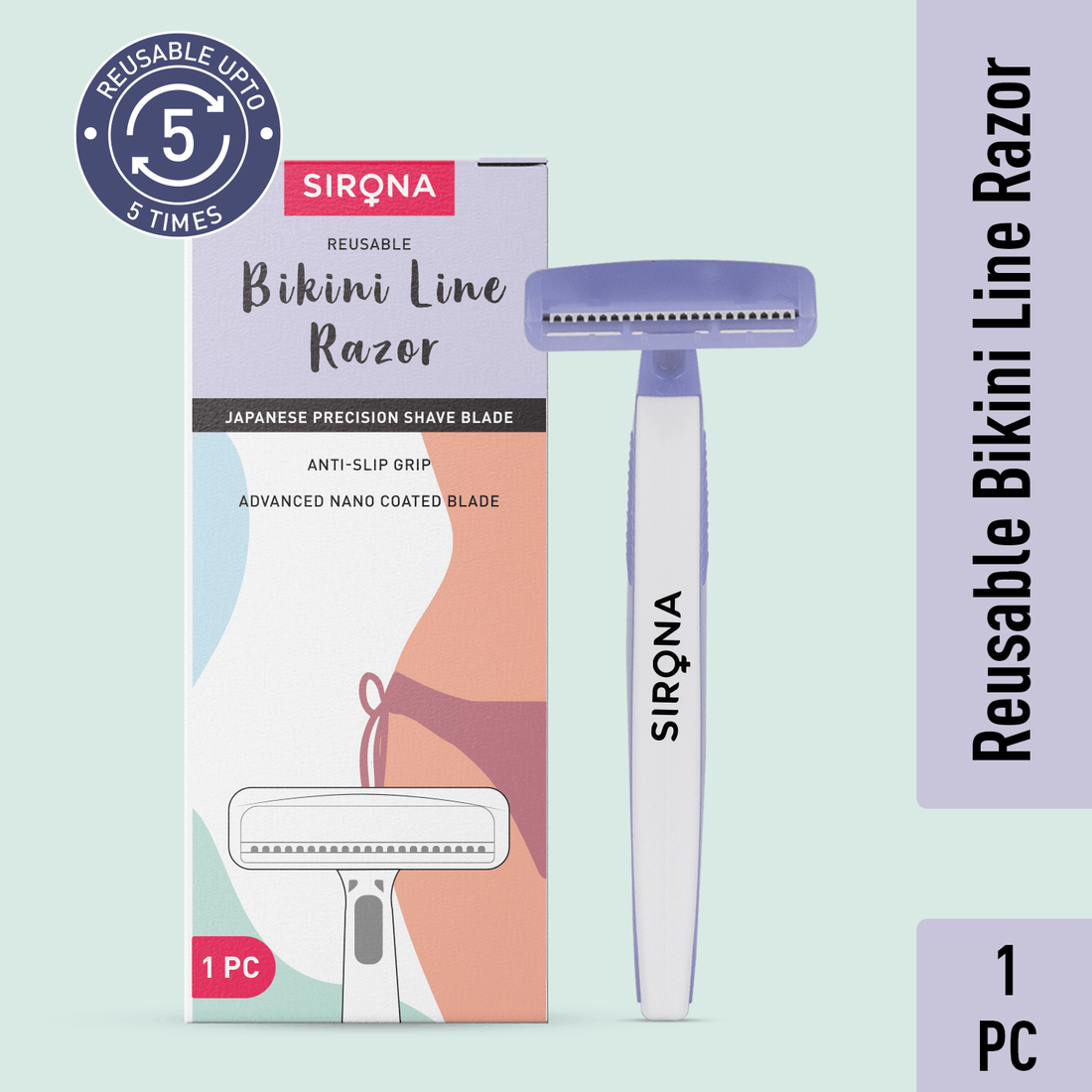 Sirona Reusable Bikini Hair Removal Razor for Women | Japanese precision shave | Nano-blade technology | Chromium &amp; PTFE-coated | (Pack of 1)