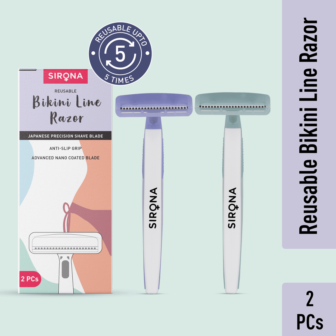 Sirona Reusable Bikini Hair Removal Razor for Women | Japanese precision shave | Nano-blade technology | Chromium &amp; PTFE-coated | (Pack of 2)