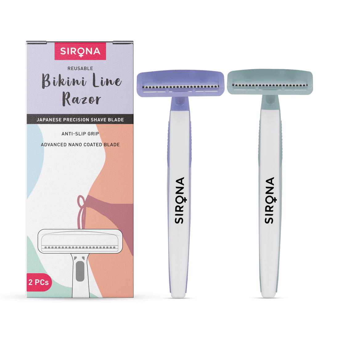Sirona Reusable Bikini Hair Removal Razor for Women | Japanese precision shave | Nano-blade technology | Chromium &amp; PTFE-coated | (Pack of 2)