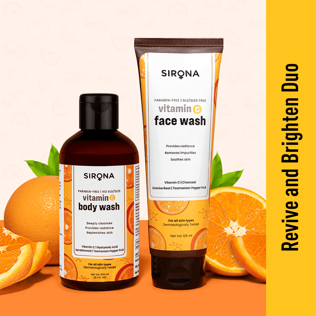 Sirona Revive and Brighten duo - Body Wash &amp; Face Wash, Vitamin C Personal Care Combo For All Skin Types, Removes Impurities, Enhance Radiance