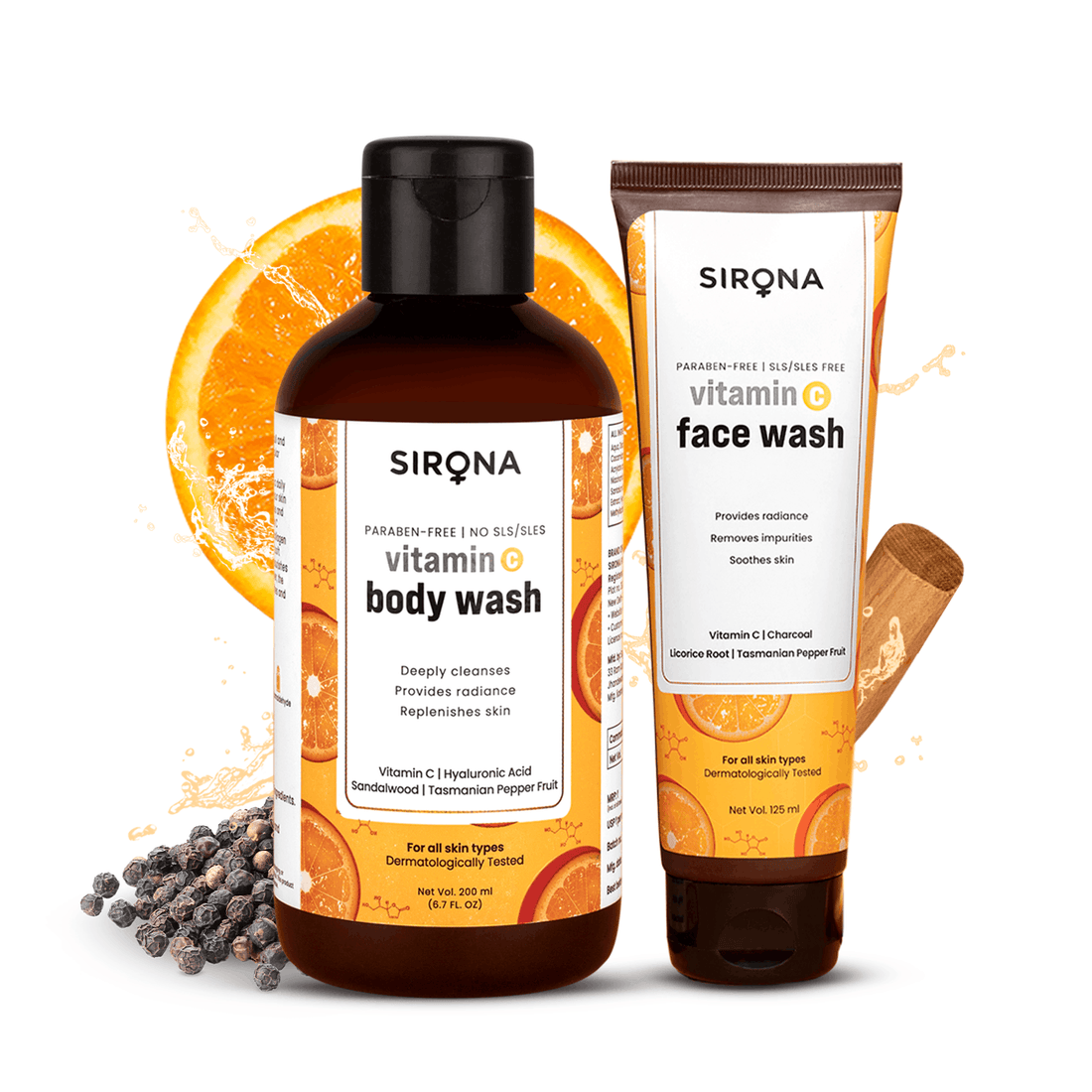 Sirona Revive and Brighten duo - Body Wash &amp; Face Wash, Vitamin C Personal Care Combo For All Skin Types, Removes Impurities, Enhance Radiance