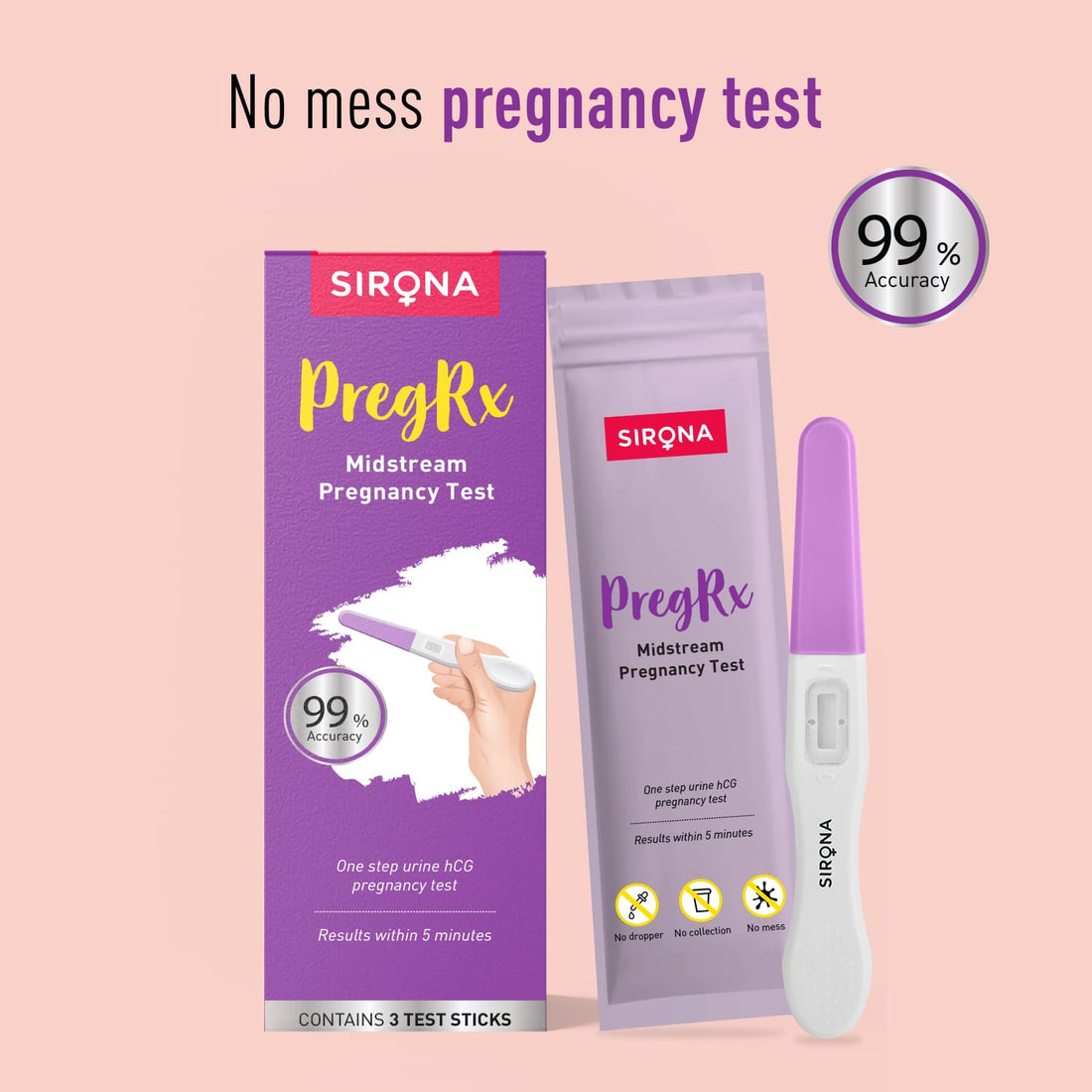 SIRONA PregRx Midstream Pregnancy Test Kit | One Step Home Pregnancy Test, 99% Accurate Results, Mess-Free, Easy-to-Use