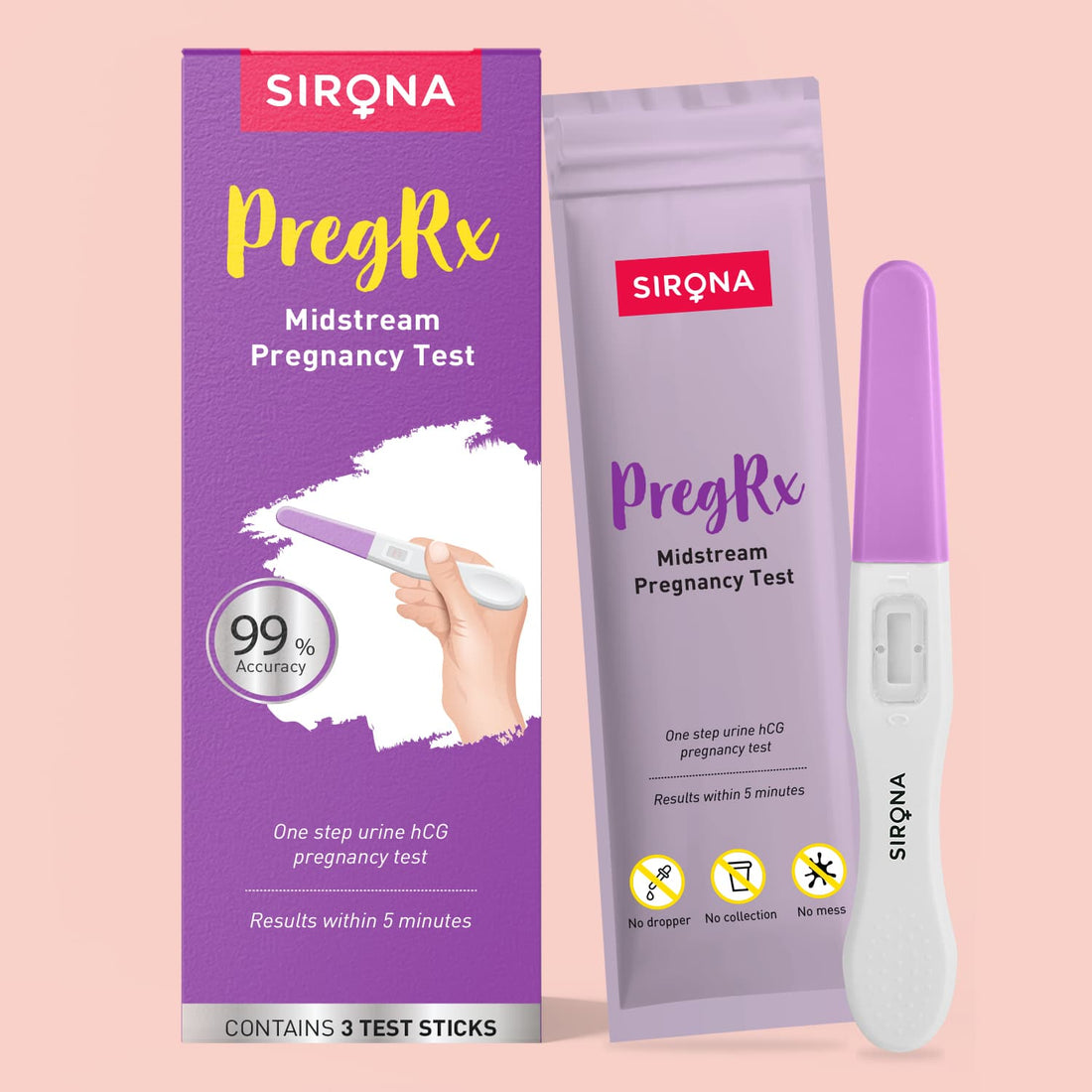 SIRONA PregRx Midstream Pregnancy Test Kit | One Step Home Pregnancy Test, 99% Accurate Results, Mess-Free, Easy-to-Use