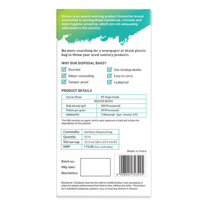 Sirona Sanitary and Diapers Disposal Bags | Bags for Disposal of Intimate Products, Oxo-Biodegradable, Odour-Concealing, Leak-Proof, Easy to Carry - 15 Bags
