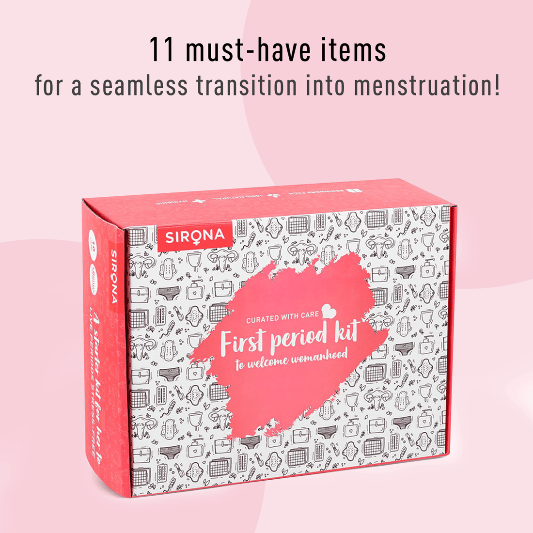 Sirona First Period Kit | Essential Menstrual Kit Includes Pads, Panty Liners, Period Panty, Intimate Wipes, Tampon, Pain Relief Patch