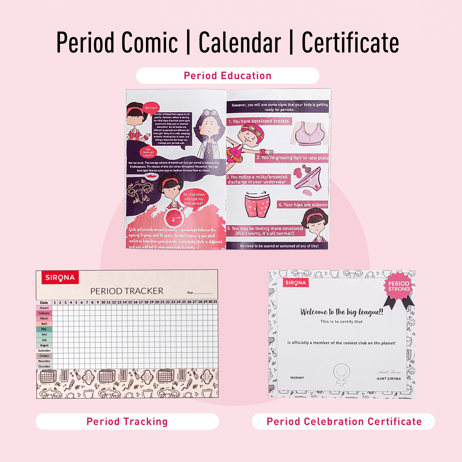 Sirona First Period Kit | Essential Menstrual Kit Includes Pads, Panty Liners, Period Panty, Intimate Wipes, Tampon, Pain Relief Patch