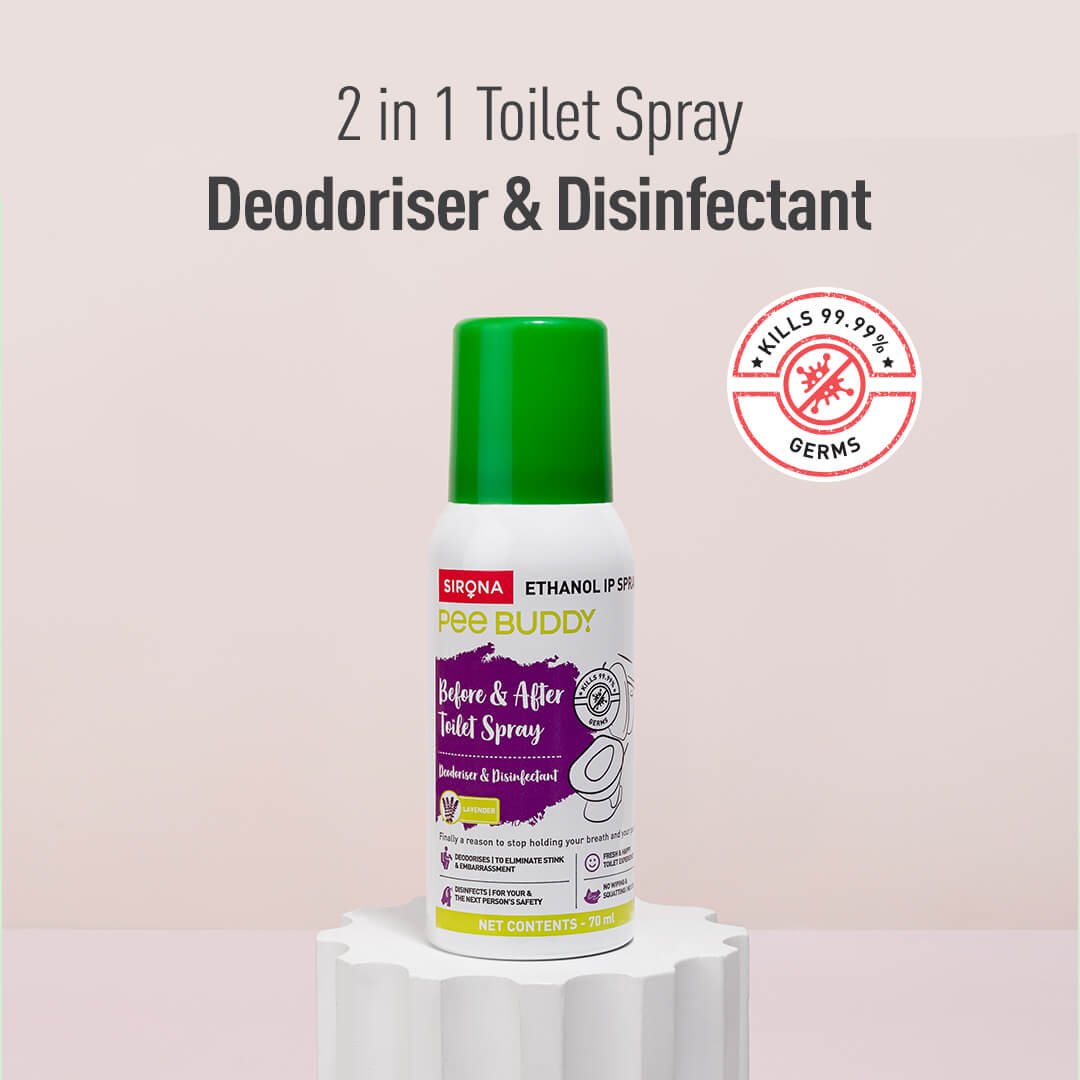 PeeBuddy Toilet Seat Sanitizer Spray, Before &amp; After Toilet Spray, Deodorizer and Disinfectant, Kills 99.9% Germs, Lavender Spritz - 70 ml
