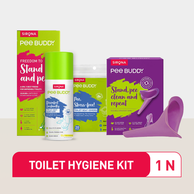 Sirona Pee Buddy toilet hygiene kit with packaging and product on a white background