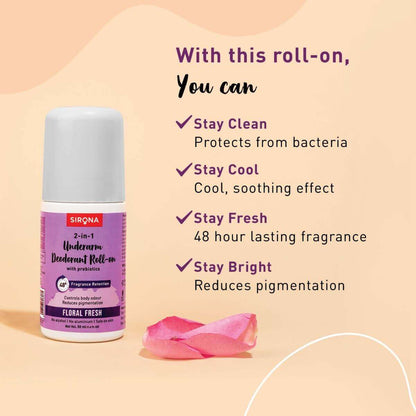 Sirona Underarm Deodorant Roll On with Prebiotics, Controls Body Odour, 48 hour Fragrance Retention, Alcohol Free - 50ml