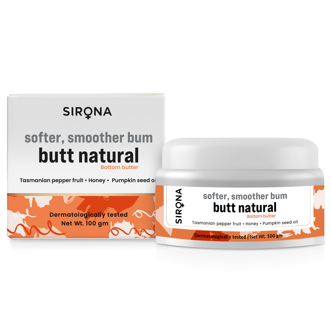 Sirona Natural Back &amp; Bum Cream for Women, Softer &amp; Smoother Bum with Tasmanian Pepper Fruit, Honey &amp; Pumpkin Seed Oil, Parabens Free - 100ml