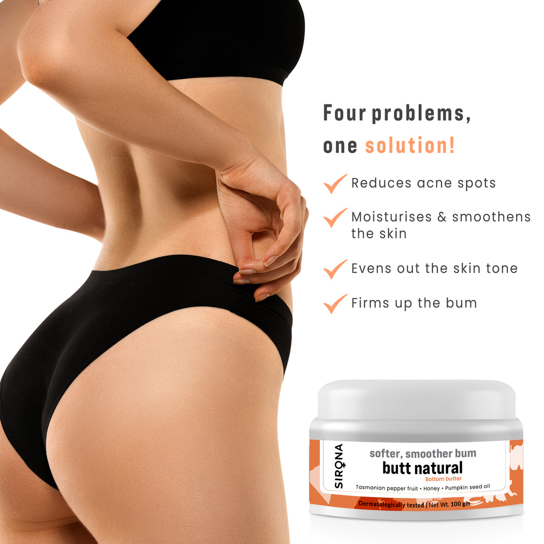 Sirona Natural Back &amp; Bum Cream for Women, Softer &amp; Smoother Bum with Tasmanian Pepper Fruit, Honey &amp; Pumpkin Seed Oil, Parabens Free - 100ml