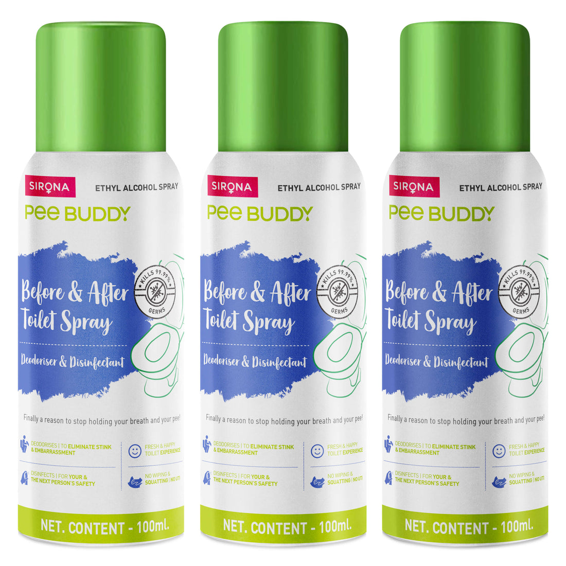 PeeBuddy Before &amp; After Toilet Sanitizer Spray Trio - Eliminating Germs and Odour , Disinfectant and Deodoriser, Vanilla Fragrance - 100 ml Each