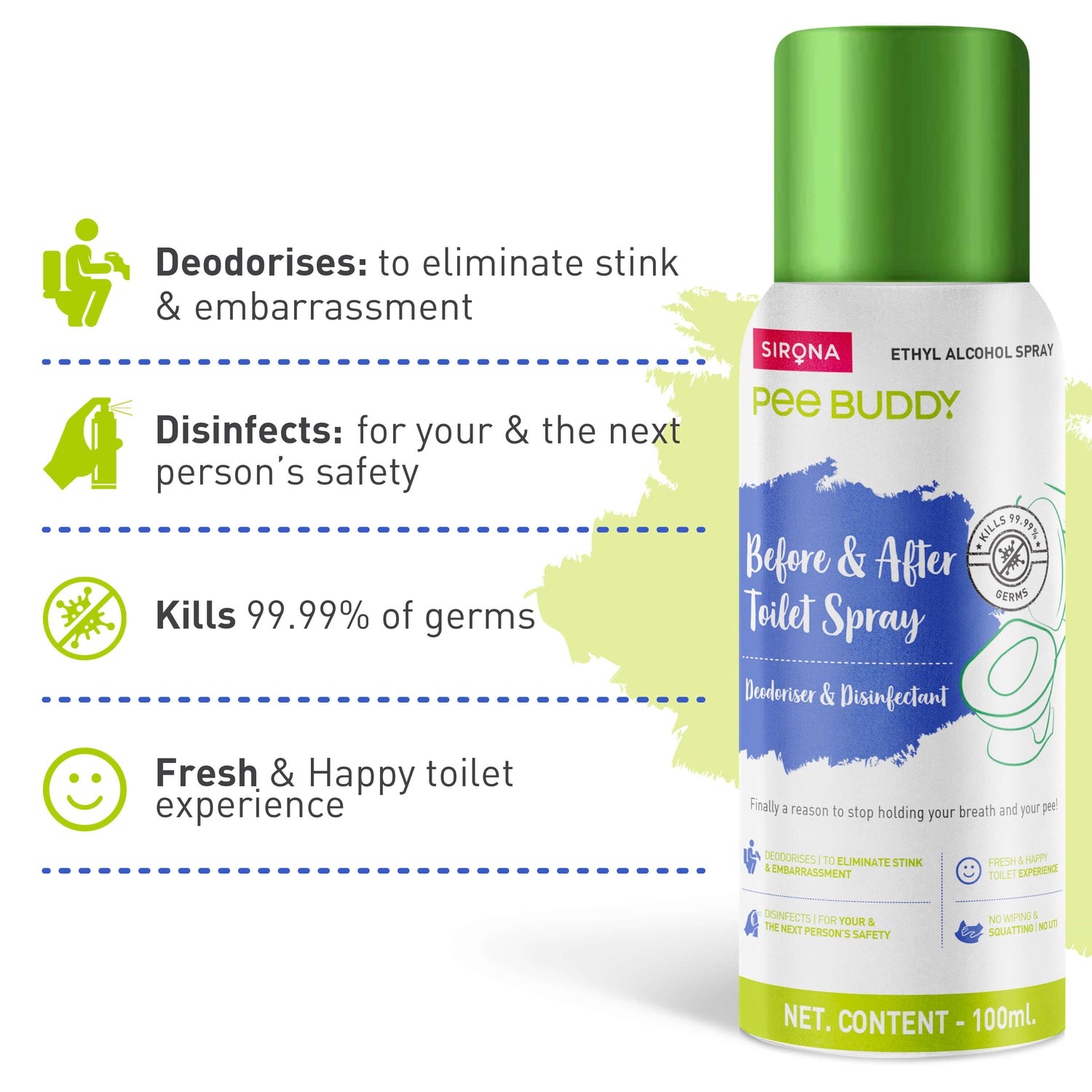 PeeBuddy Before &amp; After Toilet Sanitizer Spray Trio - Eliminating Germs and Odour , Disinfectant and Deodoriser, Vanilla Fragrance - 100 ml Each