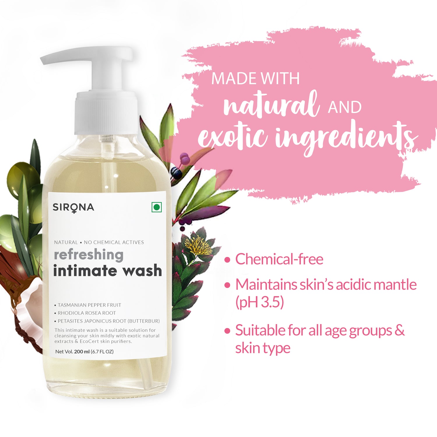 Sirona Natural Intimate Wash - with 5 Magical Herbs, Olive Oil, Tea Tree Oil &amp; Jojoba Oil, Prevents Bad Odour, Itching &amp; Irritation