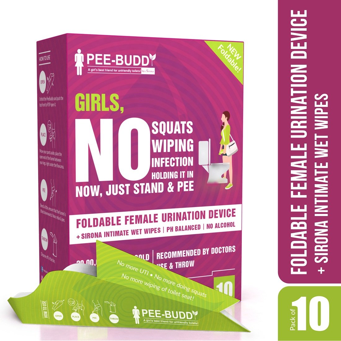 PeeBuddy Foldable Paper-Based Female Urination Device  with Sirona Intimate Wipes 10 Wipes - Pee Buddy