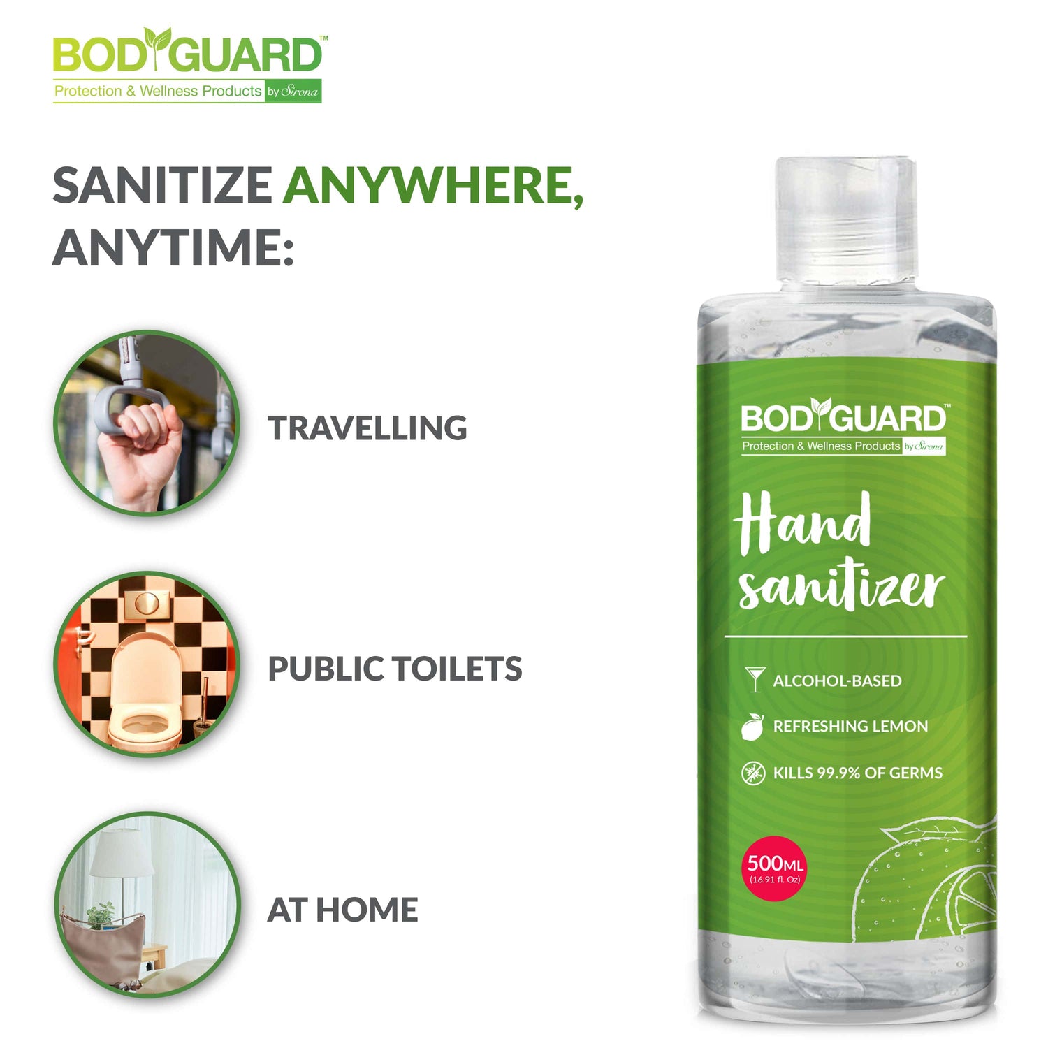 BodyGuard Hand Sanitizer  alcohol-based  refreshing lemon- Kills 99.9% of germs