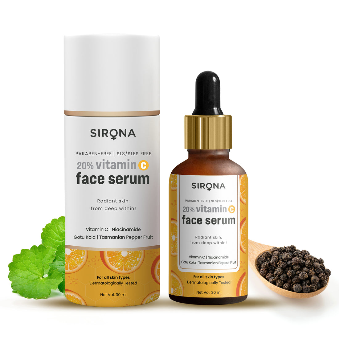 Sirona Vitamin C Face Serum – 30 ml | Niacinamide, Gotu Kala &amp; Tasmanian Pepper Fruit