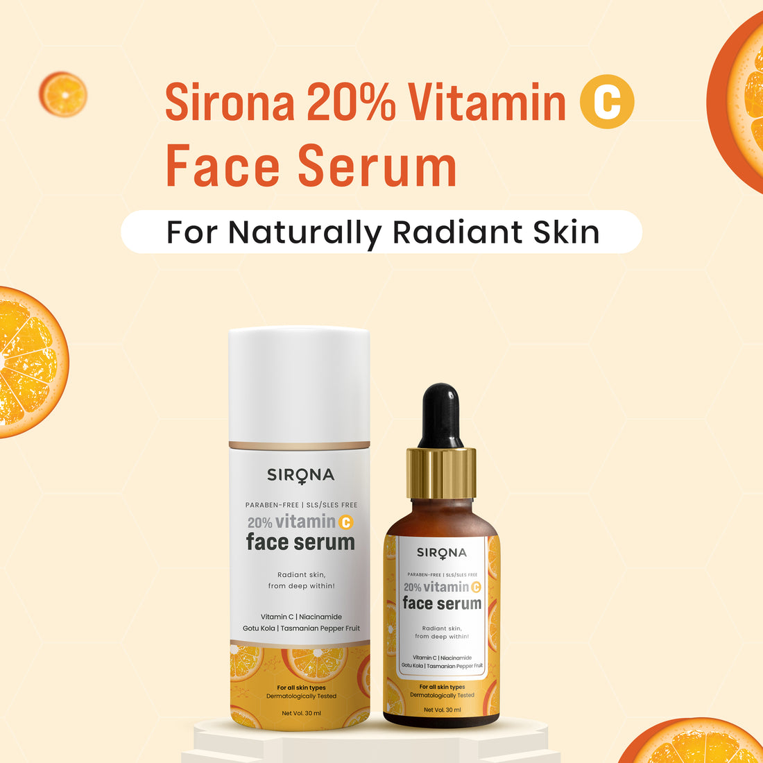 Sirona Vitamin C Face Serum – 30 ml | Niacinamide, Gotu Kala &amp; Tasmanian Pepper Fruit