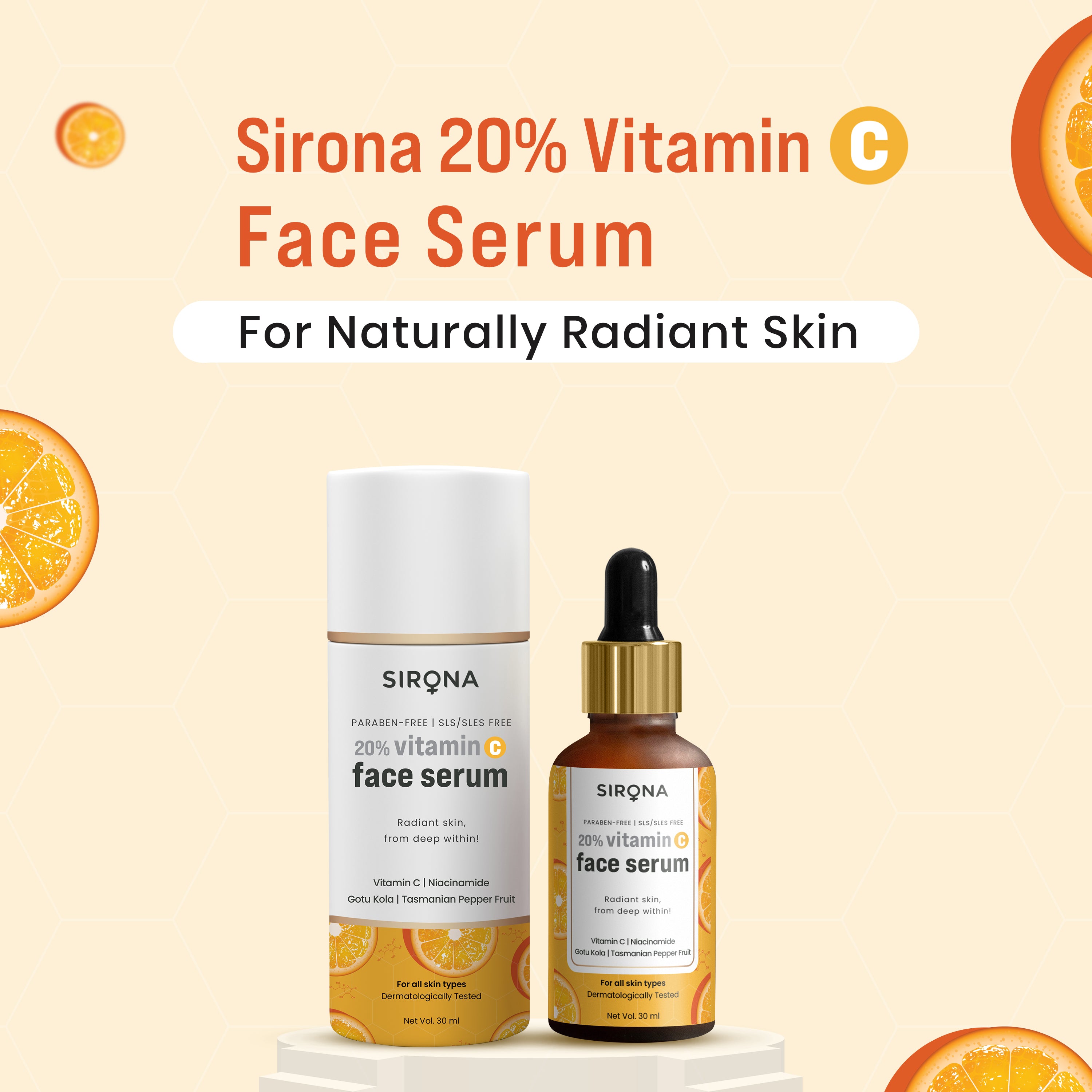 Sirona Vitamin C Face Serum – 30 ml | Niacinamide, Gotu Kala &amp; Tasmanian Pepper Fruit